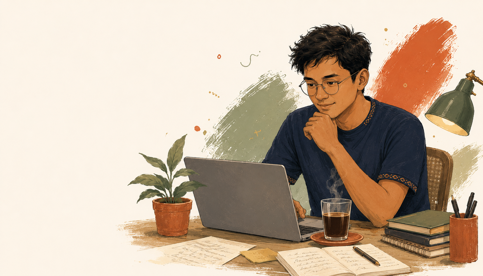 Tato, indie maker Indonesia di mejanya, nulis dengan laptop dan kopi