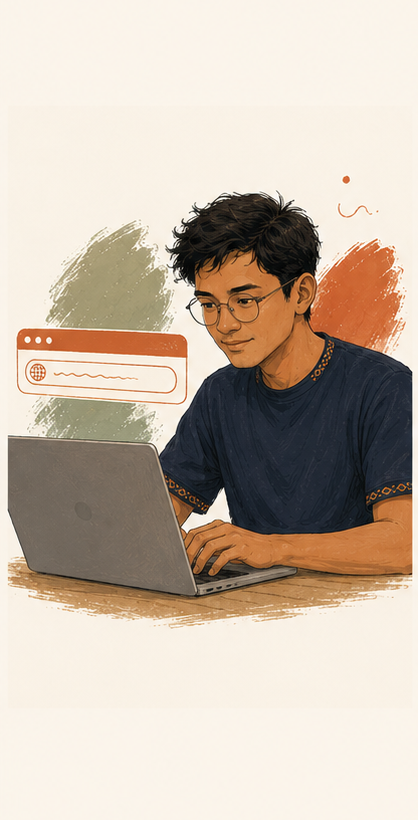 Tato mengetik URL website di laptopnya